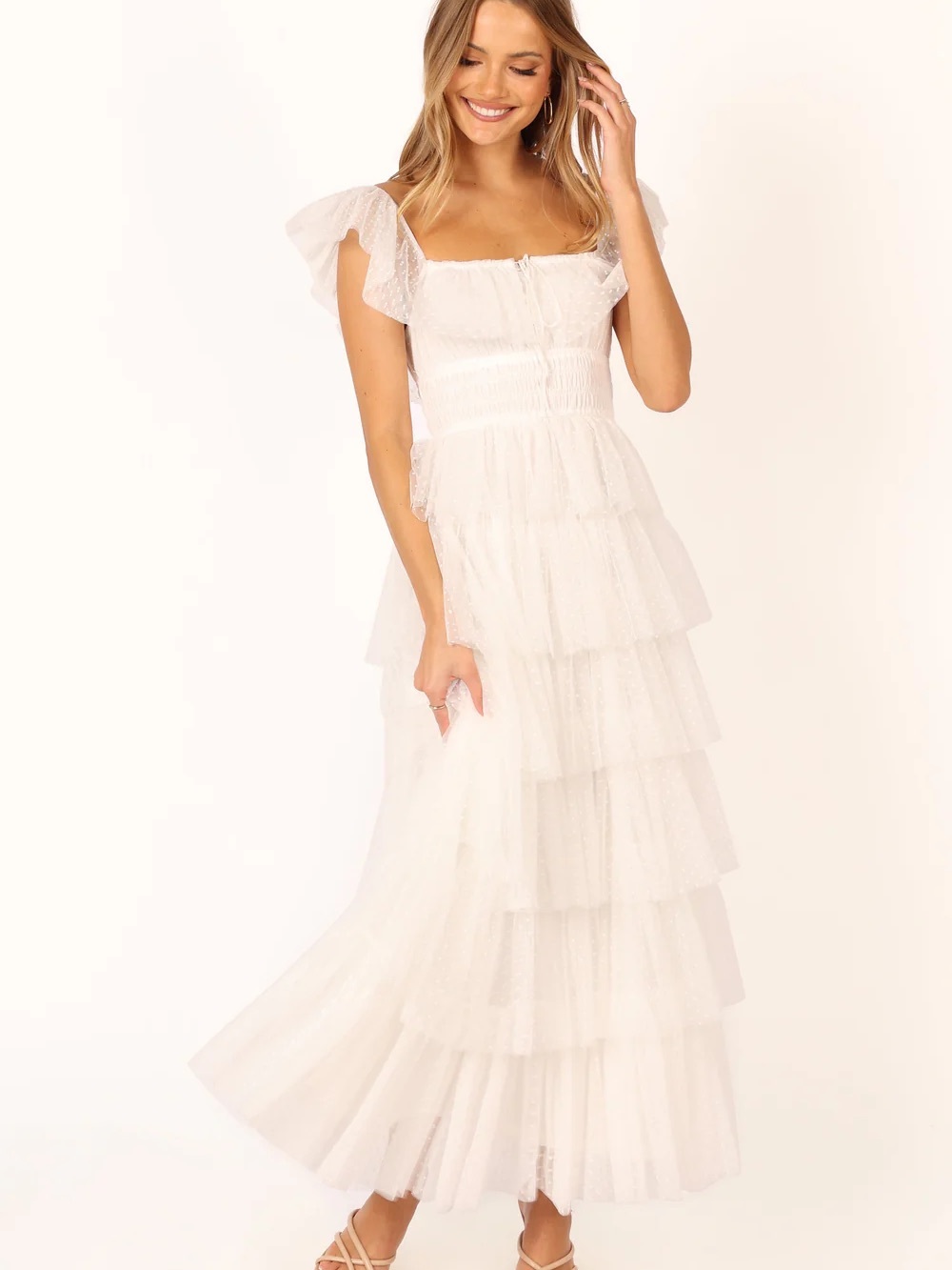 Petal & pup White Tiered Ruffle Maxi Dress
